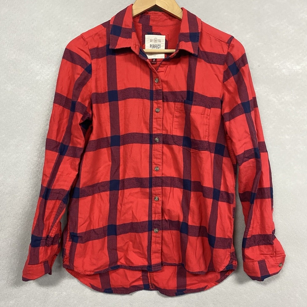 SO Women’s Shirt Flannel Perfect Shirt Relaxed Red & Navy 100% Cotton M Plaid